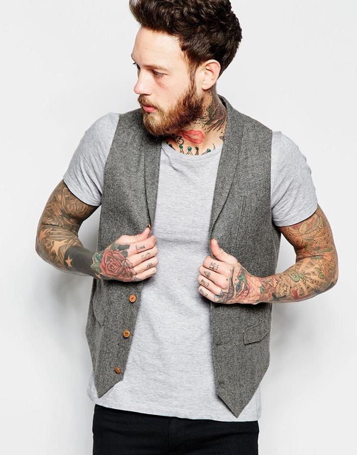 Asos Slim Waistcoat In Grey Herringbone With Shawl Collar - Gray