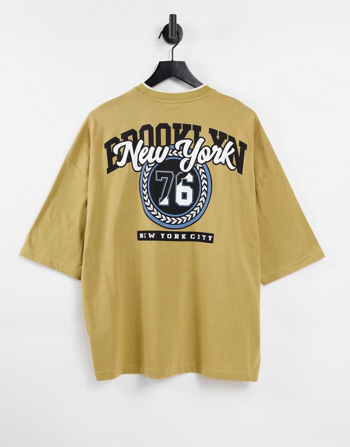 Asos Design Oversized T-shirt In Mustard With Collegiate Back & Chest Print And Tipping Neck Detail-yellow