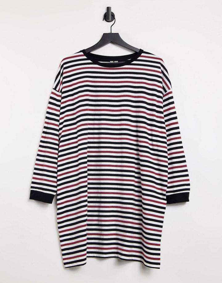Asos Design Oversized Long Sleeve T-shirt Dress In Burgundy Black And White Stripe-multi
