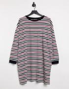 Asos Design Oversized Long Sleeve T-shirt Dress In Burgundy Black And White Stripe-multi