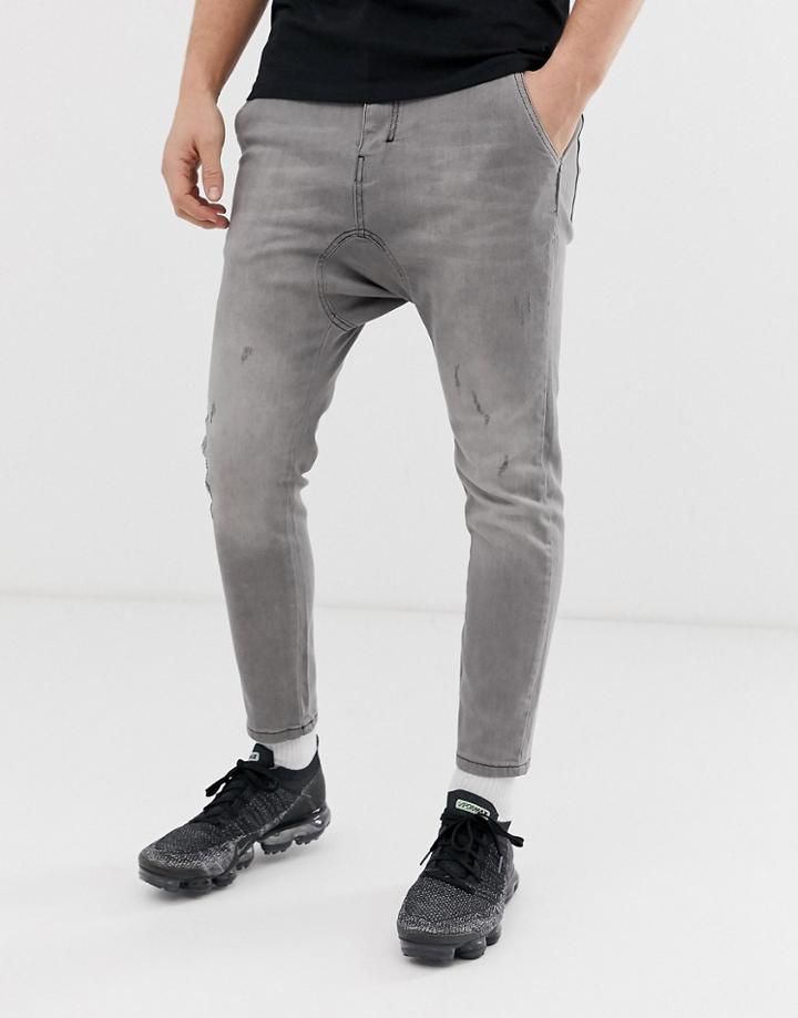 Religion Drop Crotch Cropped Skinny Jean With Stretch - Gray