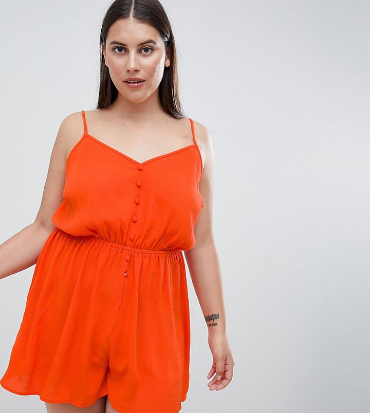 Asos Design Curve Crinkle Button Front Romper - Red