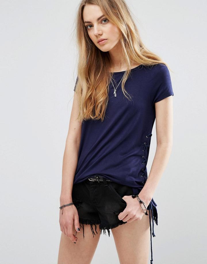 Brave Soul Lace Up Side T-shirt - Navy