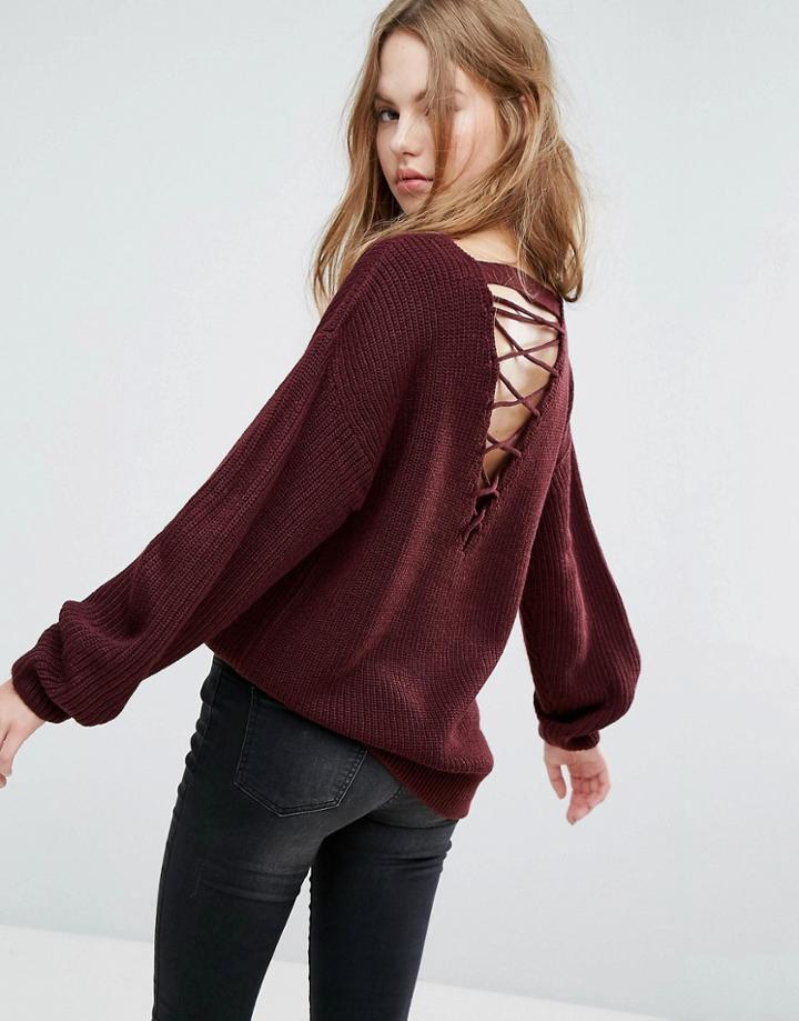New Look Lattice Back Chunky Sweater - Pink