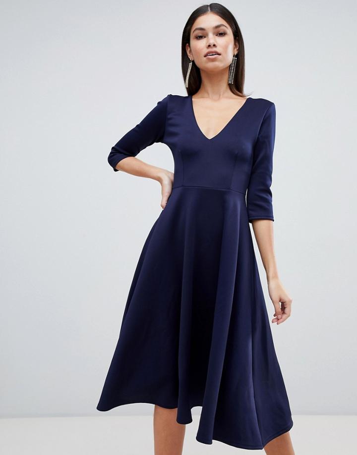 Club L Kick Flare V Plunge Midi Dress - Navy