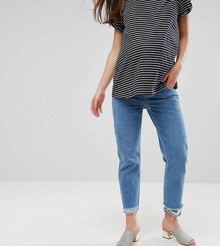 Asos Maternity Florence Authentic Straight Leg Jean In Mid Blue With Stepped Waistband And Raw Hem With Under The Bump W - Blue