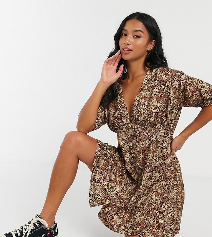 Asos Design Petite Tea Dress With Horn Buttons In Leopard Print-multi