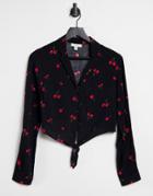 Topshop Cherry Print Tie-front Cropped Shirt In Black-multi