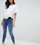 Asos Design Maternity Whitby Low Rise Skinny Jeans In Mid Blue Wash With Over The Bump Waistband - Blue