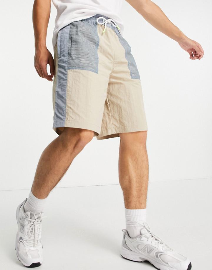 Tommy Jeans Mix Media Color Block Tech Shorts In Soft Beige Multi-neutral