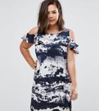 Ax Paris Plus Dress With Cold Shoulder And Ruffle Detail In Tie Dye Print - Blue