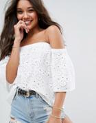 Asos Off Shoulder Top With Fluted Sleeves In Broderie - White
