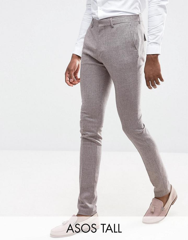 Asos Tall Wedding Super Skinny Suit Pants In Houndstooth - Pink