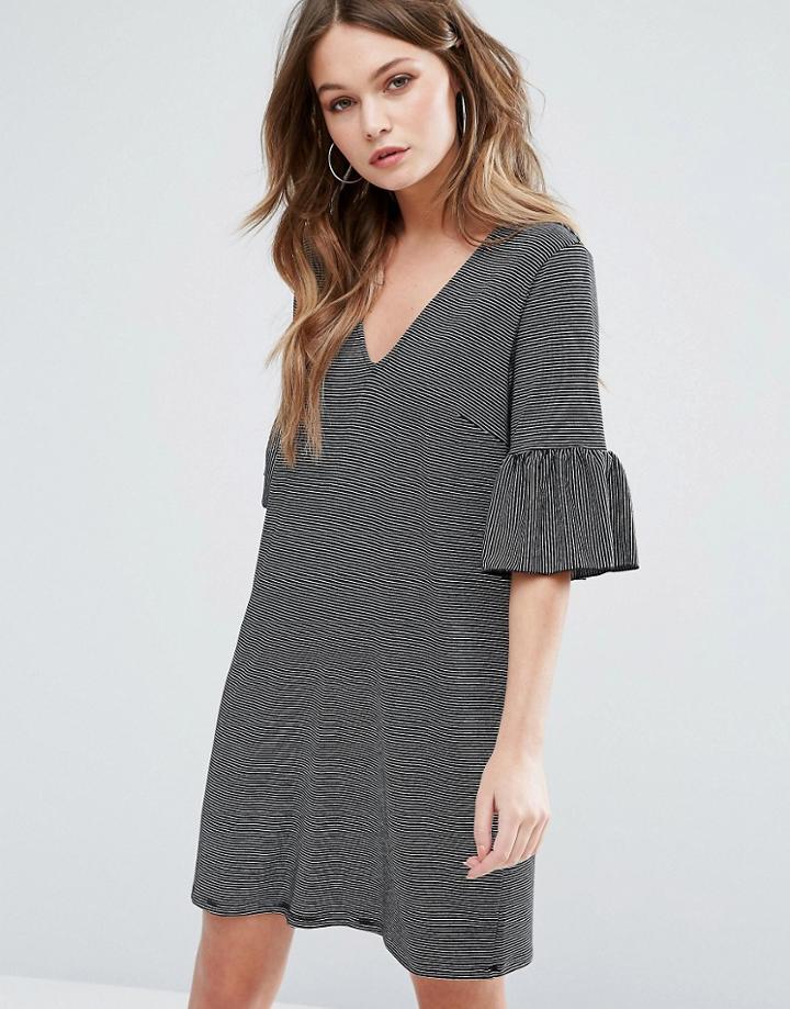 New Look Ruffle Sleeve Stripe Smock Dress - Gray