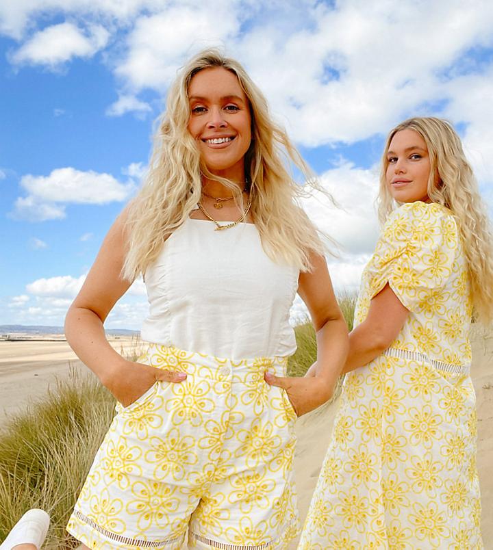 Labelrail X Olivia & Alice High Waist Shorts With Ladder Detail In Broderie-yellow