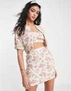 Asos Design Shirred Button Through Top In Floral Print -part Of A Set-multi
