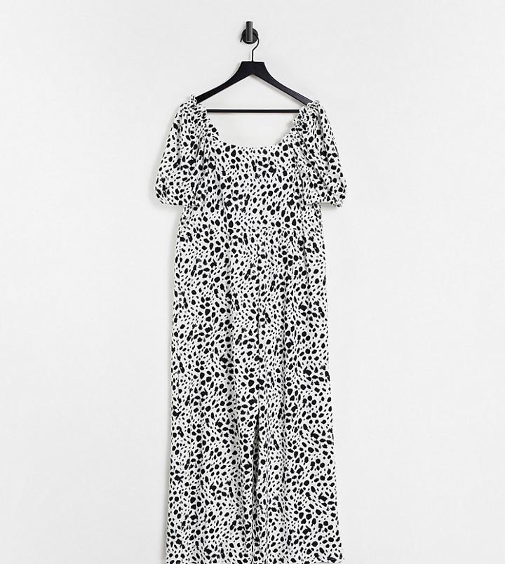 River Island Plus Shirred Dot Print Jumpsuit In Beige-neutral