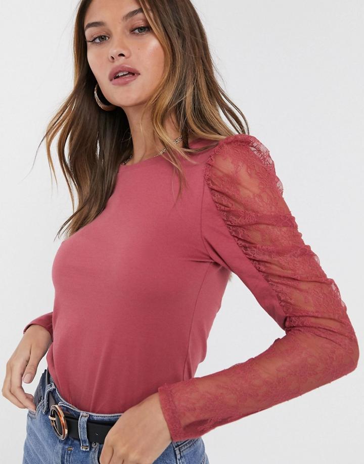 River Island Lace Sleeve Detail Top In Dark Pink