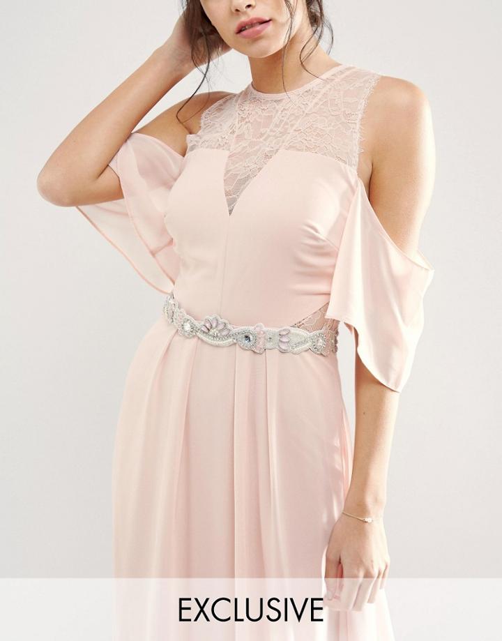 True Decadence Occasion Beaded Belt With Flower Detail - Silver