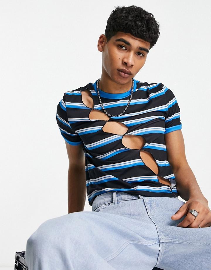 Asos Design Shrunken Crop Cut Out Stripe T-shirt In Blue-red