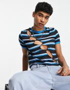 Asos Design Shrunken Crop Cut Out Stripe T-shirt In Blue-red