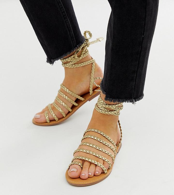 London Rebel Wide Fit Plaited Toe Loop Sandals In Gold