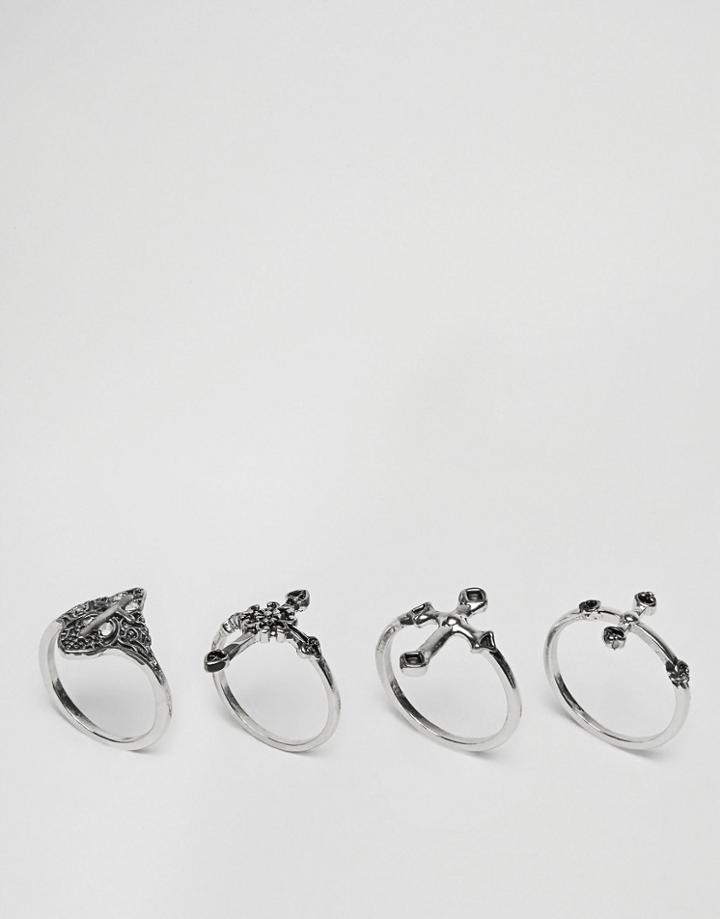 Asos Pack Of 4 Filigree Cross Rings - Rhodium