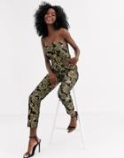 Forever U Jacquard Bandeau Jumpsuit In Black And Gold