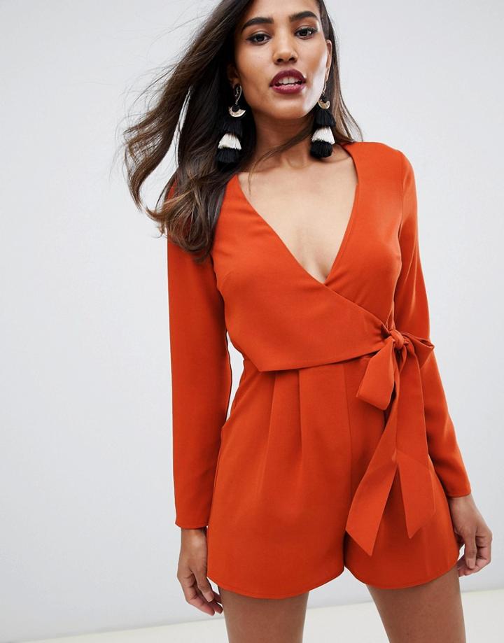 Asos Design Wrap Romper With Tie Side - Brown