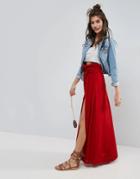 Asos Maxi Skirt With Belt And Thigh Split - Red