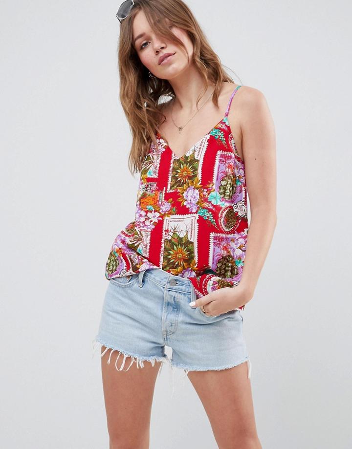 Asos Design Printed Cami In Postcard Print - Multi