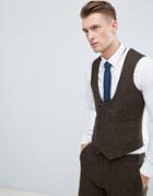 Asos Design Slim Suit Vest In 100% Wool Harris Tweed In Brown Herringbone - Brown