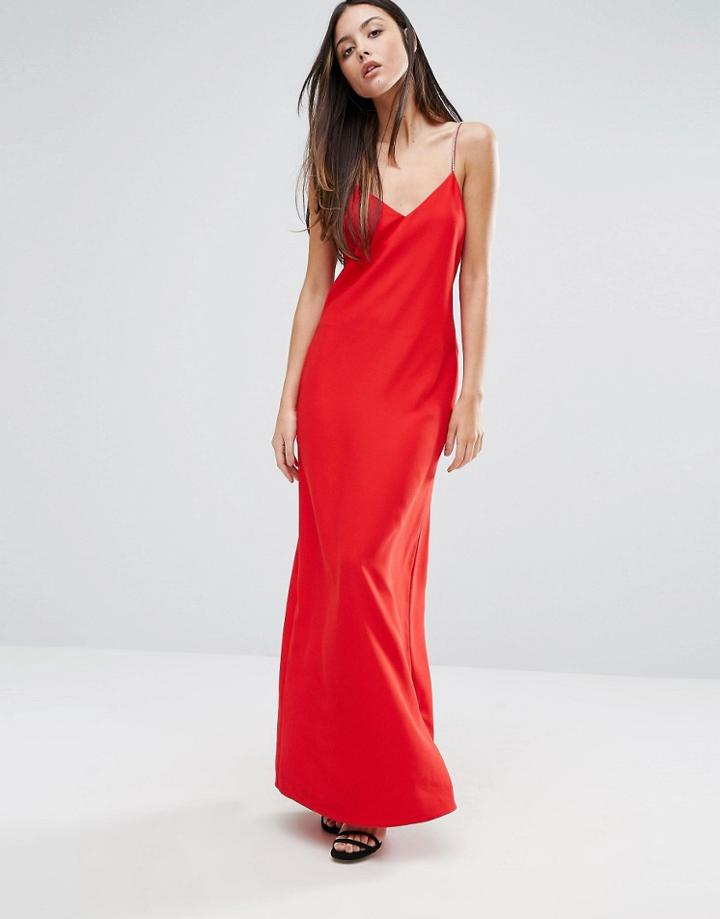 Warehouse Rhinestone Spaghetti Strap Dress - Red