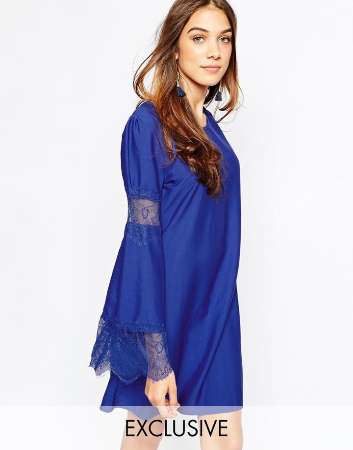 Fallen Star Trapeze Swing Dress With Fluted Sleeve - Blue