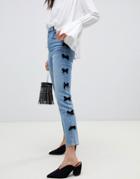 Asos Design Farleigh High Waist Slim Mom Jeans With Side Bow Detail In Mid Blue Wash - Blue
