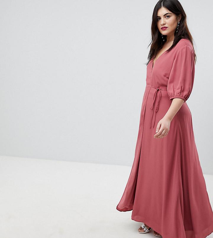 Fashion Union Plus Maxi Wrap Dress With Balloon Sleeves - Pink