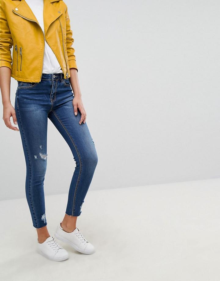 Stradivarius High Waist Jean With Worn Patching - Blue