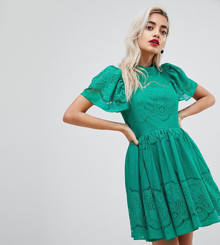 Asos Petite Lace Puff Sleeve Mini Dress - Green
