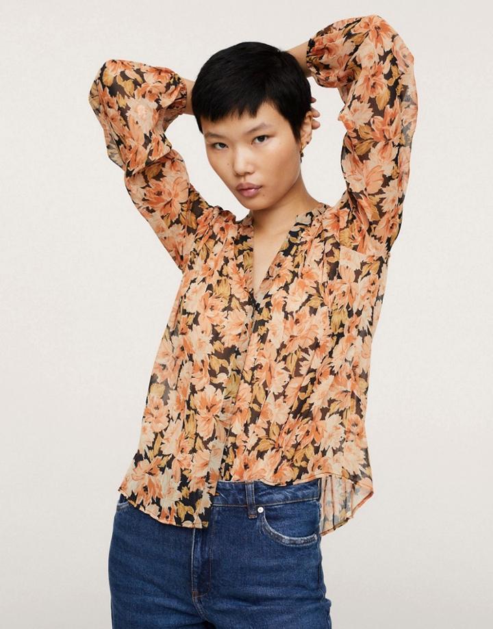 Mango Retro Floral Button Front Blouse In Orange