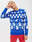 Burton Menswear Christmas Light Up Beer & Stags Sweater In Blue