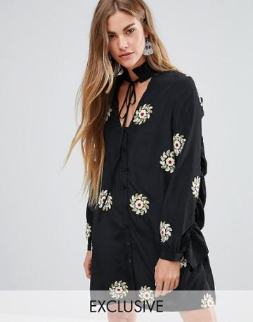 Young Bohemians Smock Dress With Ruffle Sleeves - Black