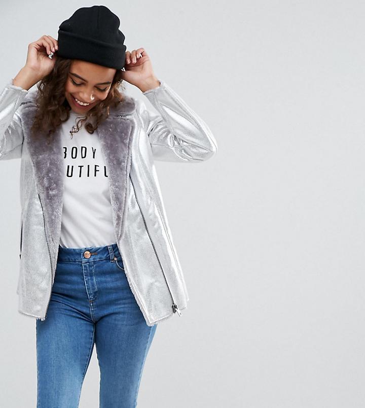 Asos Petite Longline Metallic Leather Look Biker Jacket With Faux Fur Lining - Silver