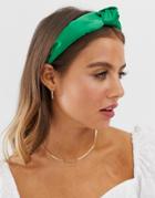 Asos Design Headband With Knot Front In Green Satin - Green