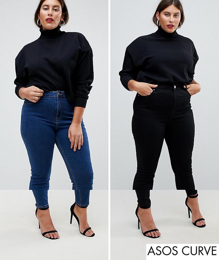 Asos Design Curve Ridley Skinny Jeans 2 Pack In Black And Mid Blue Wash Save 16%-multi