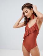 Warehouse Swimsuit With Frill Detail In Rust - Red