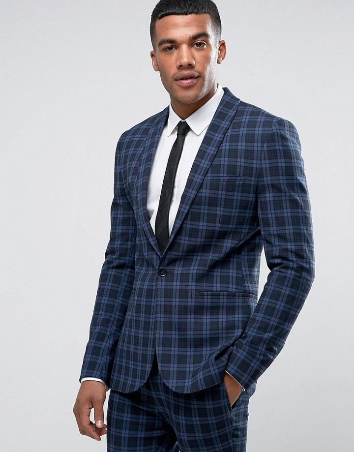 Asos Super Skinny Suit Jacket In Tonal Blue Check - Blue