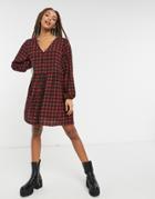 Monki Torbord Plaid Print Long Sleeve Mini Dress In Red