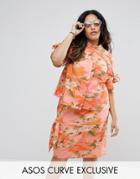 Asos Curve Hawaiian Printed Blouse With Button Back And Ties Co-ord - Multi