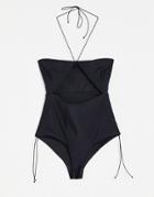 Asos Design 00s Micro Strapping Bandeau Swimsuit In Slinky Black