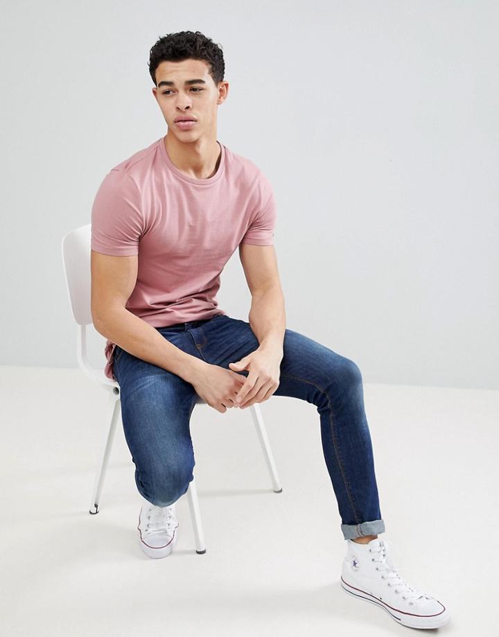 Asos Design Longline Muscle Fit T-shirt With Bound Curved Hem In Pink - Pink